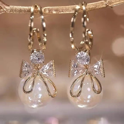 Korean Unique Design Zircon Bow Drop Earrings For Women Exquisite Imitation Pearl Flowers Earring Wedding Personality Jewelry