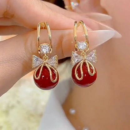 Korean Unique Design Zircon Bow Drop Earrings For Women Exquisite Imitation Pearl Flowers Earring Wedding Personality Jewelry