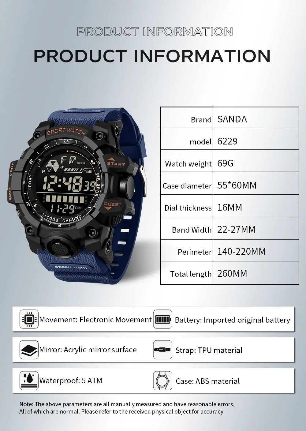 SANDA Men Outdoor Sports Watch Waterproof LED Analog Digital Show Multifunction Big Dial Electronic Wristwatch G style Male Cloc
