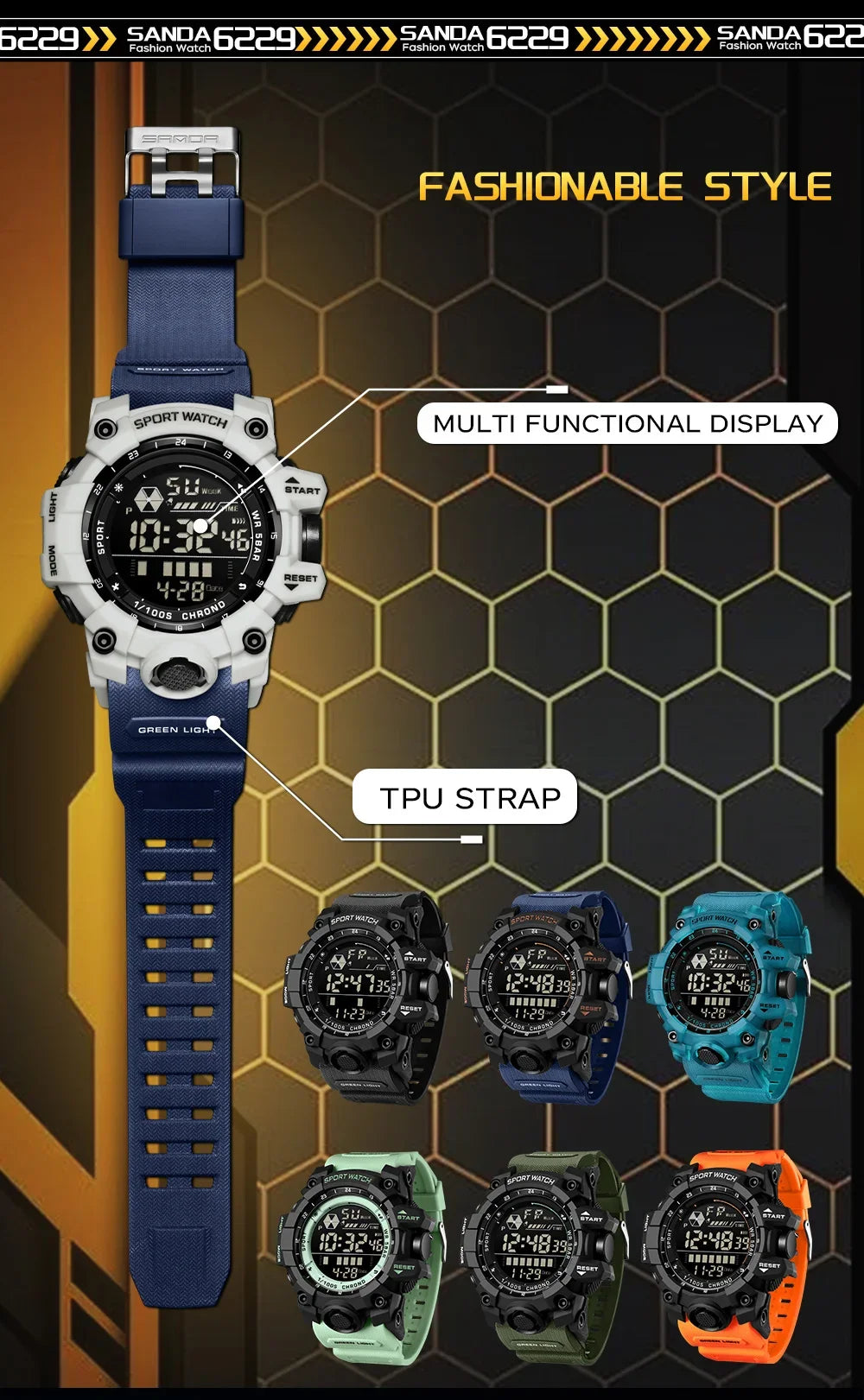 SANDA Men Outdoor Sports Watch Waterproof LED Analog Digital Show Multifunction Big Dial Electronic Wristwatch G style Male Cloc