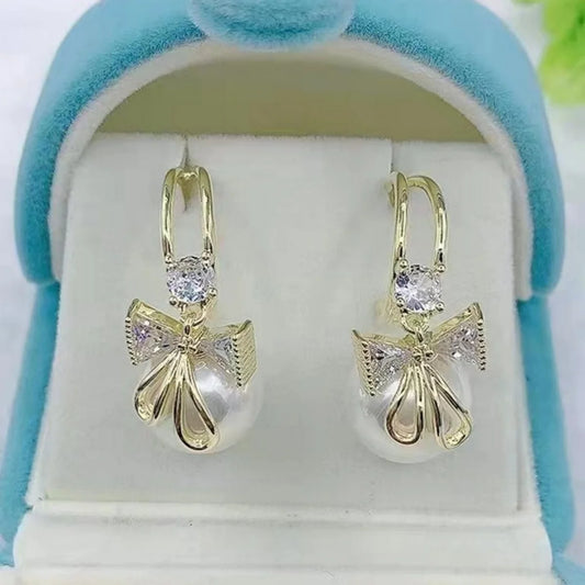 Korean Unique Design Zircon Bow Drop Earrings For Women Exquisite Imitation Pearl Flowers Earring Wedding Personality Jewelry