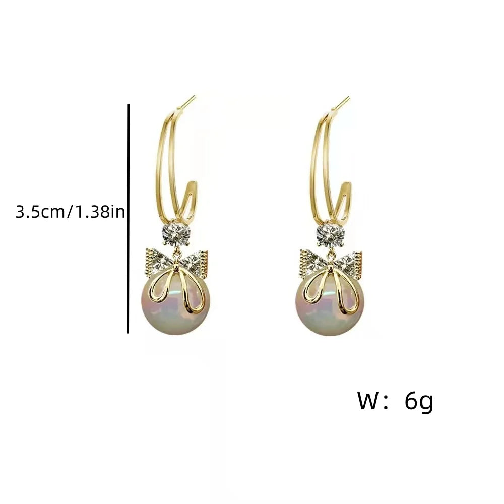 Korean Unique Design Zircon Bow Drop Earrings For Women Exquisite Imitation Pearl Flowers Earring Wedding Personality Jewelry
