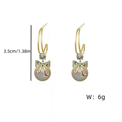 Korean Unique Design Zircon Bow Drop Earrings For Women Exquisite Imitation Pearl Flowers Earring Wedding Personality Jewelry
