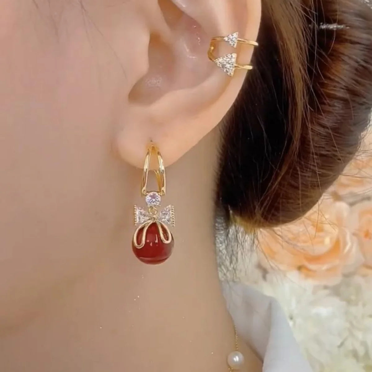 Korean Unique Design Zircon Bow Drop Earrings For Women Exquisite Imitation Pearl Flowers Earring Wedding Personality Jewelry