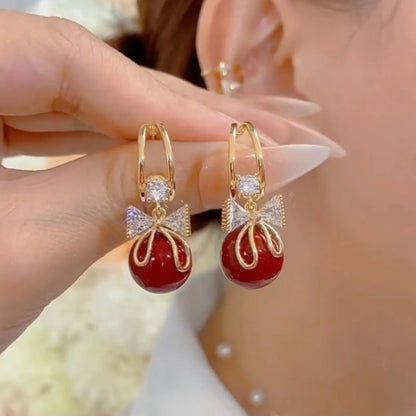 Korean Unique Design Zircon Bow Drop Earrings For Women Exquisite Imitation Pearl Flowers Earring Wedding Personality Jewelry
