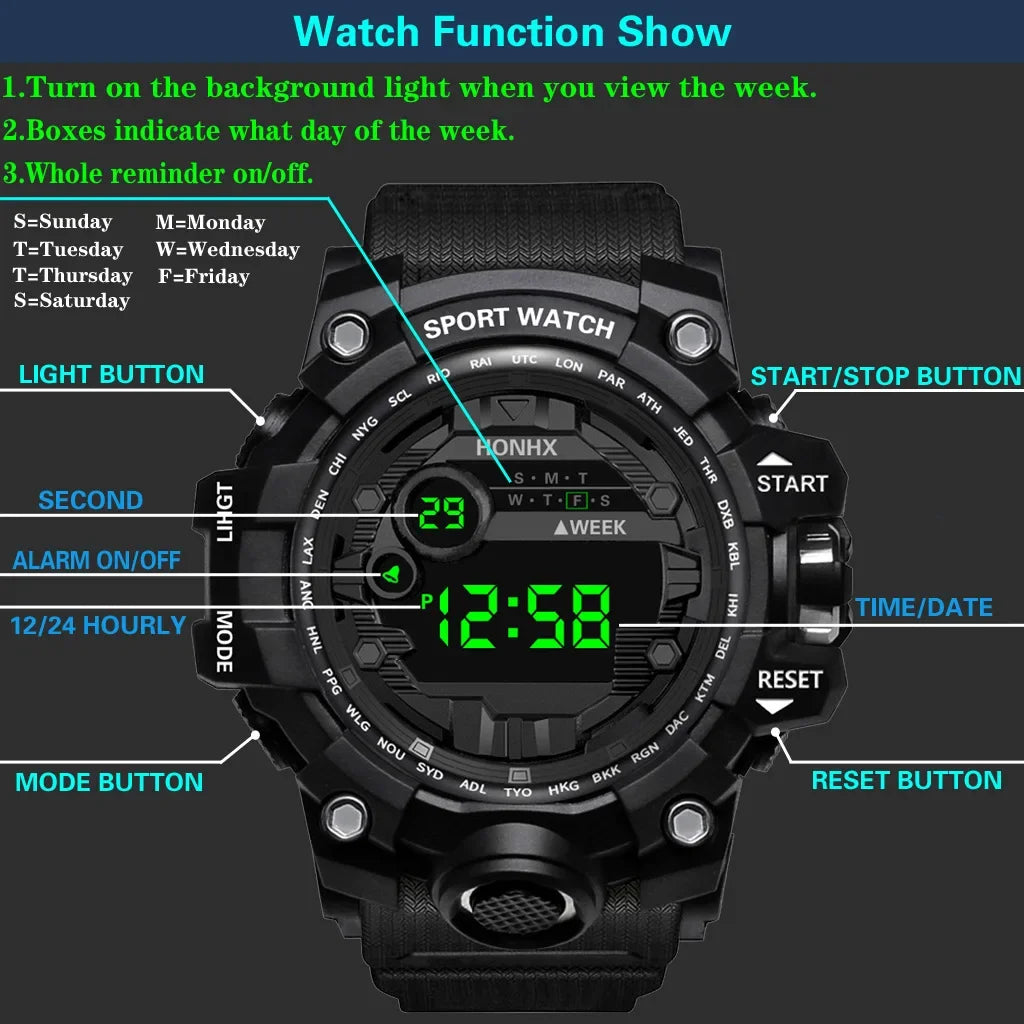 Y12 Men's Watches Big Dial LED Digital Watch Multifunction Men Sports Watch Alarm Clock Stopwatch Fitness Electronic Wristwatch